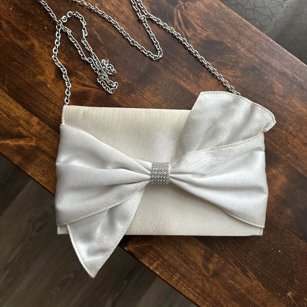 White satin Badgley Mischka bling bow clutch